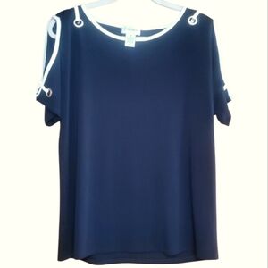 Carmen Marc Valvo Cold Shoulder Navy White Short Sleeve Top Size Med